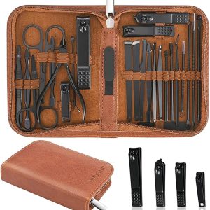 MINKINH Manicure Set Professional Nail Clipper Kit-26 Pieces Stainless Steel Manicure Kit,Nail Care Tools with Luxurious Travel Case (Brown)
